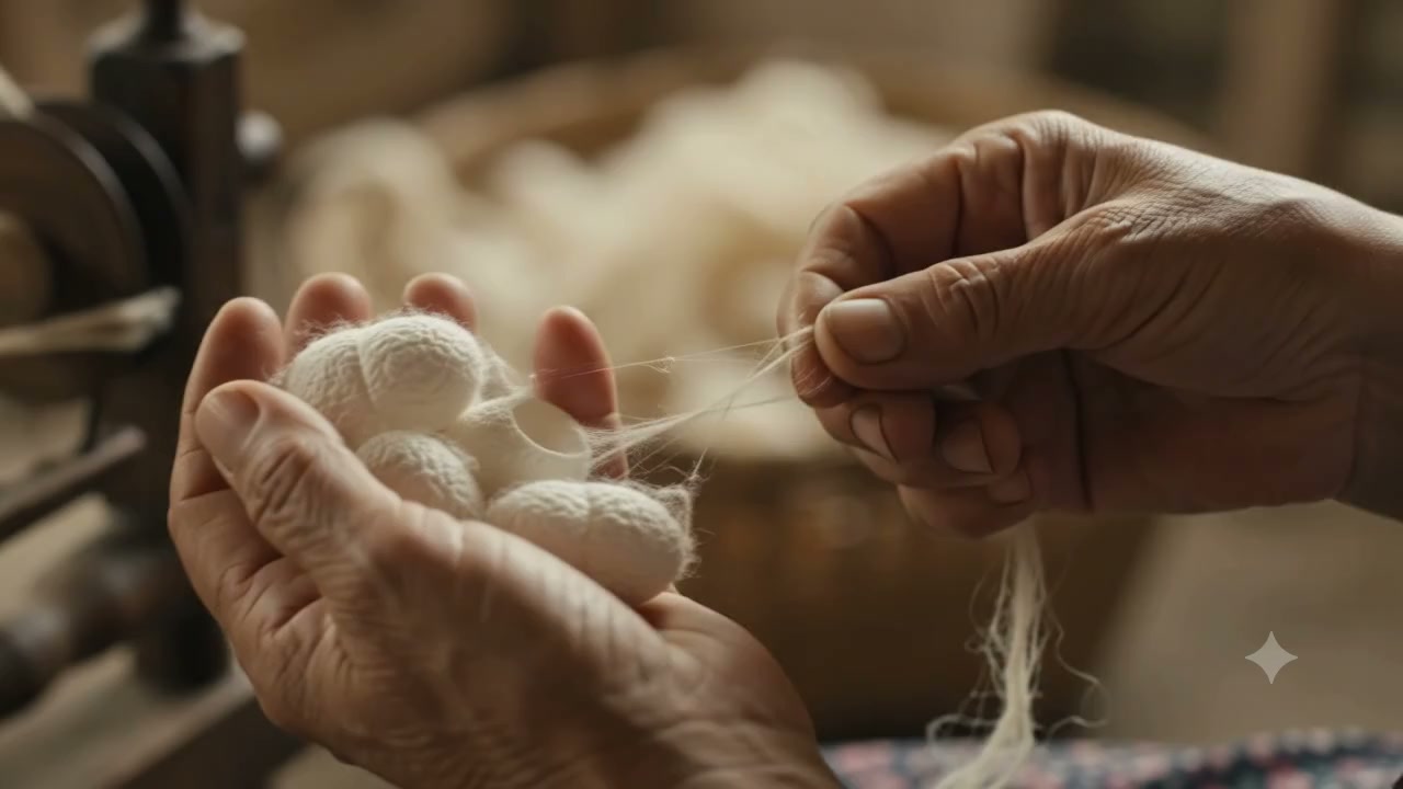 Hand spinning Eri silk filament on charkha